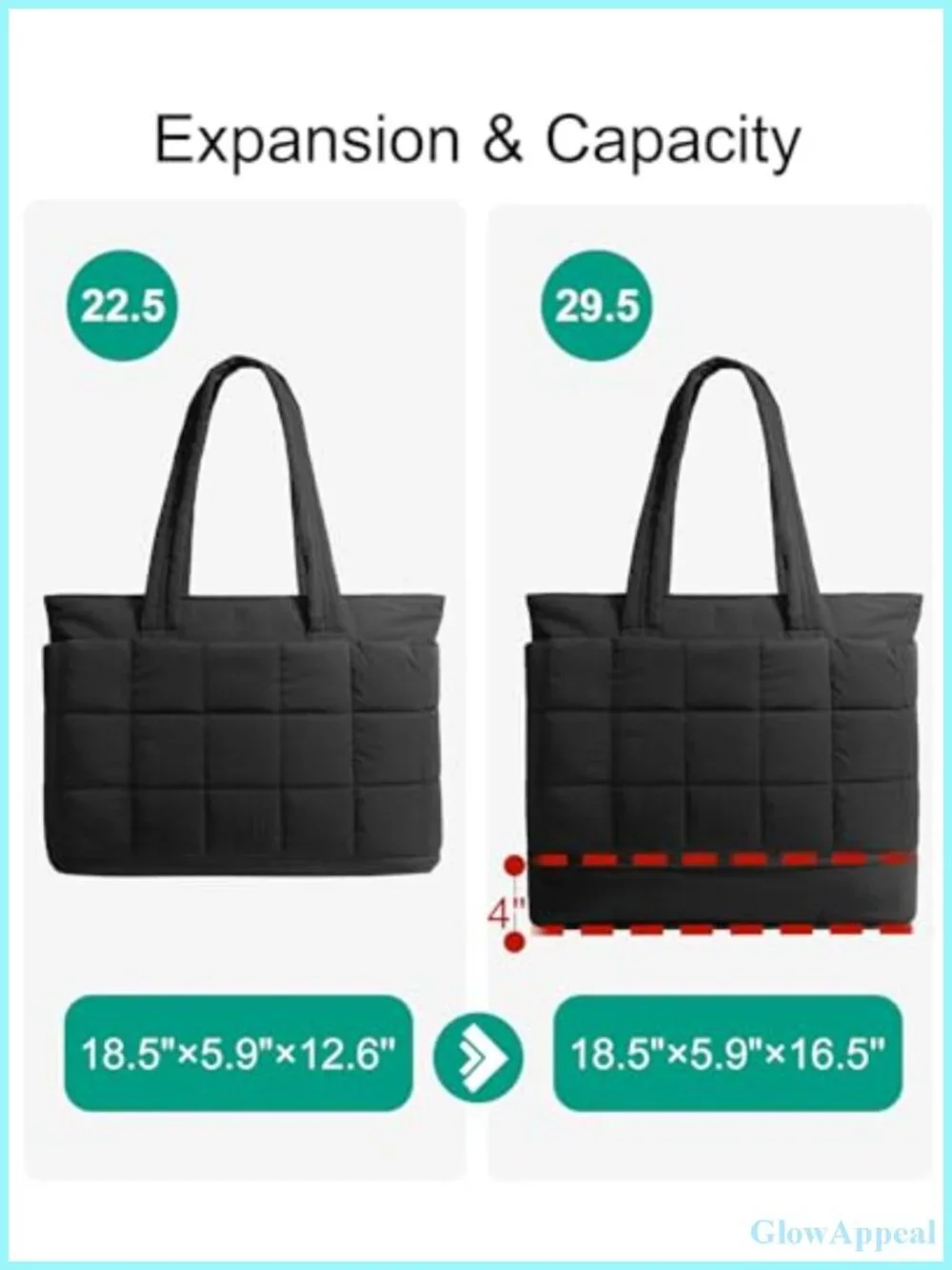 Puffer Work Tote Bag for Women, Large Expandable Travel Laptop Purse, Nylon